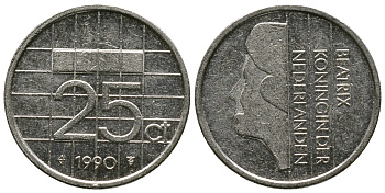 НИДЕРЛАНДЫ 25 ЦЕНТОВ 1990 БЕАТРИКС KM 204 никель 73-1137