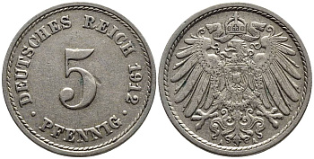 ГЕРМАНИЯ 5 ПФЕННИГОВ 1912 A KM 11, Jager 12, Weege 6 медно-никель 4547-527
