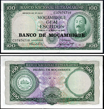 Мозамбик 100 эскудо 1961 (1976) надпечатка на 1961, Айрес де Орнелас  Pick 117 a бумага UNC (пресс) 8604-45-1-2