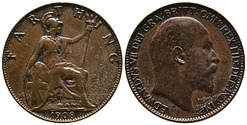 Великобритания 1 фартинг 1908 Эдуард VII (1901-1910), KM 792, Spink 3992 бронза 117-533