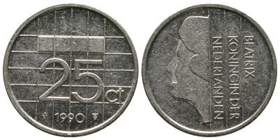 НИДЕРЛАНДЫ 25 ЦЕНТОВ 1990 БЕАТРИКС KM 204 никель 73-1137