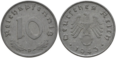 Германия 10 рейхспфеннигов 1943 D KM 101, J.371 цинк 4151-247