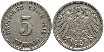 ГЕРМАНИЯ 5 ПФЕННИГОВ 1912 A KM 11, Jager 12, Weege 6 медно-никель 4547-527
