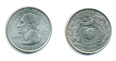 США 25 центов = квотер 1999 Р, серия штаты США, Джорджия KM 296 медь плакированная медно-никелем 61-1121