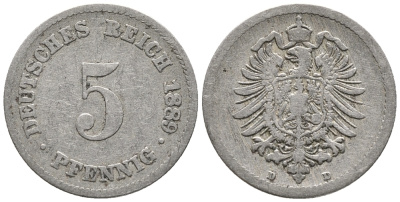 ГЕРМАНИЯ 5 ПФЕННИГОВ 1889 D, СТАРОГЕРБОВКА KM 3, J. 3 медно-никель 39-427