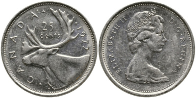 Канада 25 центов 1972 Елизавета II (1952-2022), олень KM 62 b никель 4543-732