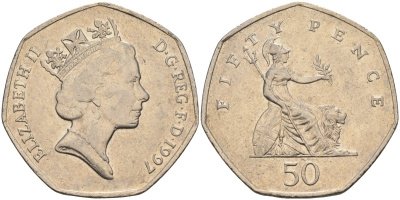 Великобритания 50 пенсов 1997 Елизавета II (1952-2022) KM 940.2, Spink 4351 (H7) медно-никель 4583-1245