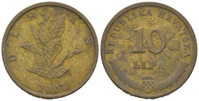 Хорватия 10 липа 2007 нечетный год KM 6 сталь плакированная латунью 4618-443