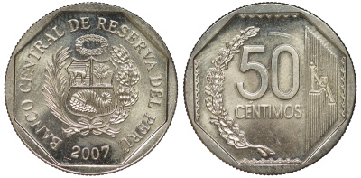 Перу 50 сентимо 2007 KM 307.4 медно-никель aUNC 4605-321