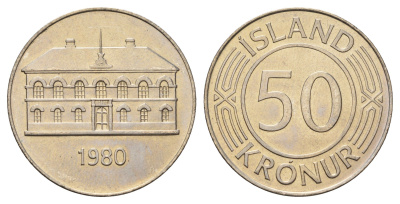 Исландия 50 крон 1980 здание парламента в Рейкьявике KM 19 медно-никель UNC 4517-244
