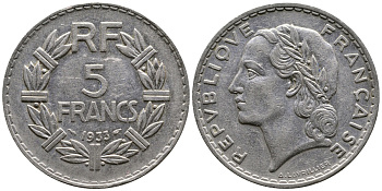 ФРАНЦИЯ 5 ФРАНКОВ 1933 KM 888 никель 63-521