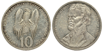 ФРГ 10 марок 1997 J, 500 лет со дня рождения Филиппа Меланхтона KM 189 серебро 413-1731