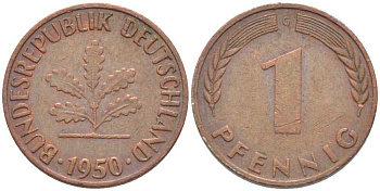 ФРГ 1 ПФЕННИГ 1950 G KM 105, J. 380 сталь плакированная медью 116-346