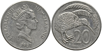 Новая Зеландия 20 центов 1987 Елизавета II (1952-2022), птичка киви KM 62 медно-никель 81-626
