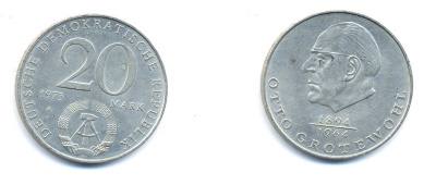 ГДР 20 марок 1973 А, Отто Гротеволь (1894-1964) KM 47 медно-никель 3333-444