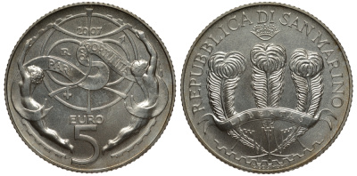 Сан-Марино 5 евро 2007 PARI OPPORTITA, каждый имеет равные возможности для реализации своих трудовых прав KM 473 серебро UNC 1087-6-62