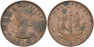 Великобритания 1/2 пенни 1967 Елизавета II (1952-2022) KM 896, Spink 4158 бронза 4126-814