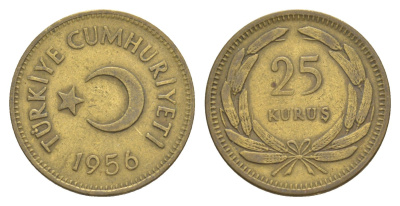 Турция 25 курушей 1956 KM 886 латунь 4647-623