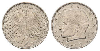ФРГ 2 марки 1967 F, Макс Планк KM 116, J. 392 медно-никель 94-543
