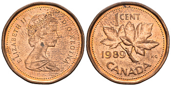 Канада 1 цент 1989 Елизавета II (1952-2022), кленовый лист KM 132 бронза 4609-229