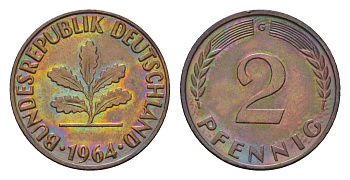 ФРГ 2 пфеннига 1964 G KM 106, J. 381 бронза 4682-1116