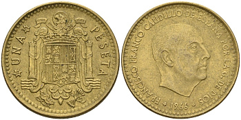Испания 1 песета 1966 (75) Франсиско Франко (1939-1975) KM 796 алюминиевая бронза 4604-417