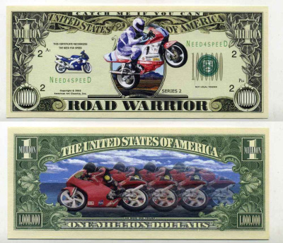США 1000000 ДОЛЛАРОВ 2002 СУВЕНИРНАЯ БАНКНОТА, СКОРОСТНЫЕ ГОНКИ НА МОТОЦИКЛАХ бумага UNC (ПРЕСС) 8588-12-1-2