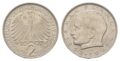 ФРГ 2 марки 1967 F, Макс Планк KM 116, J. 392 медно-никель 94-543