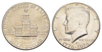 США 1/2 доллара (50 центов) 1976 D, 200 лет независимости, Джон Кеннеди KM 205 медь плакированная медно-никелем aUNC 4565-432
