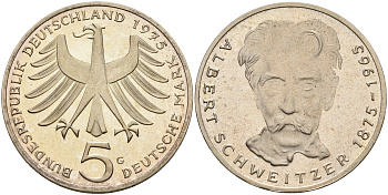 ФРГ 5 марок 1975 G, 100 лет со дня рождения Альберта Швейцара KM 143, J.418 серебро PROOF 02-230-54