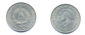 ГДР 20 марок 1972 А, Вильгельм Пик (1876-1960) KM 42 медно-никель 3333-424