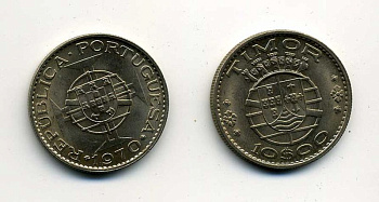 Португальский Тимор 10 эскудо 1970 год тип KM 21 медно-никель UNC 41-214