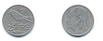 Норвегия 25 эре 1972 Улаф V (1958-1991), синица KM 407 медно-никель 4379-321