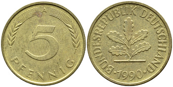 ФРГ 5 ПФЕННИГОВ 1990 A KM 107, J. 382 сталь плакированная латунью 4392-1046