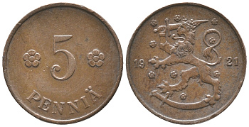 Финляндия 5 пенни 1921 республика (1918-1962) KM 22 медь 100-961