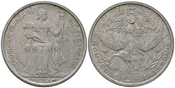 Французская Новая Каледония 5 франков 1952 птица кагу, (IEOM) KM 4, Schoen 4, Lec 71 алюминий 180-122