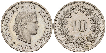 Швейцария 10 раппенов 1991 B KM 27 медно-никель 4189-434