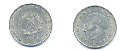 ГДР 20 марок 1972 А, Вильгельм Пик (1876-1960) KM 42 медно-никель 3333-424