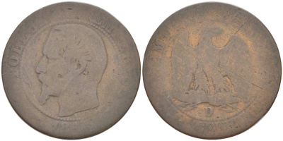 ФРАНЦИЯ 5 САНТИМОВ 1854 D, НАПОЛЕОН III (1852-1870) KM 777.4, LE FRANC 116.12 бронза 217-223