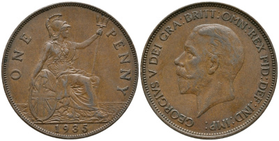 Великобритания 1 пенни 1935 Георг V (1910-1936) КМ 838, Spink 4055 бронза 32-844