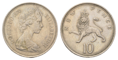 Великобритания 10 пенсов 1970 Елизавета II (1952-2022) KM 912, Spink 4231 (F1) медно-никель 4671-1212