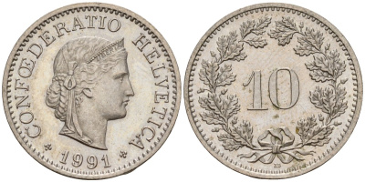 Швейцария 10 раппенов 1991 B KM 27 медно-никель 4189-434