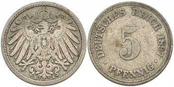 ГЕРМАНИЯ 5 ПФЕННИГОВ 1897 A, KM 11, J. 12 медно-никель 116-752