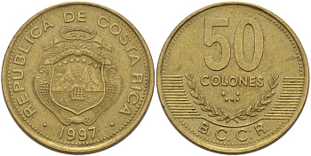 КОСТА-РИКА 50 КОЛОН 1997 а KM 231 латунь 82-146