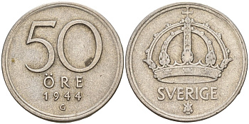 Швеция 50 эре 1944 G, Густав V (1907-1950) KM 817 серебро 4148-845