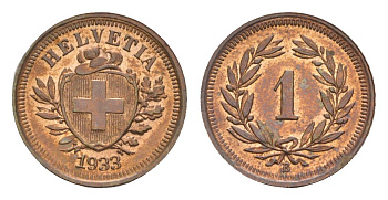 Швейцария 1 раппен 1933 KM 3 бронза aUNC 413-1021