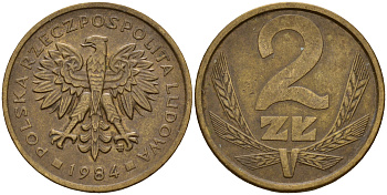 Польша 2 злотых 1984 MW KM 80.1 латунь    4598-1239