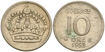 Швеция 10 эре 1953 TS, Густав VI Адольф (1950-1973) KM 823 серебро 08-1429