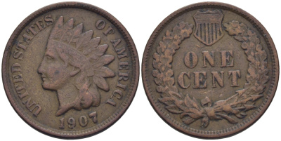 США 1 ЦЕНТ 1907 ГОЛОВА ИНДЕЙЦА KM 90а бронза 26-816