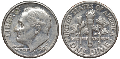 США 1 дайм - 10 центов 1989 D, Рузвельт KM 195a медь плакированная медно-никелем 4549-317